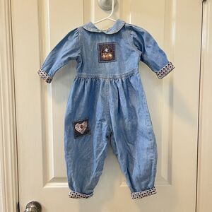 Vintage Rich Rags Denim Jumpsuit Romper Embroidered Patches Girls Size 24 Months